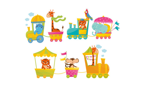 Funny Cartoon Group Of Zoo Animals Riding In Train Vector Illustration