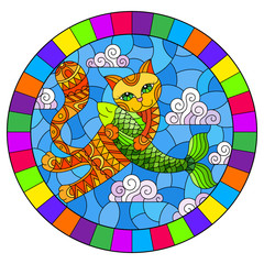 Stained glass illustration of a cartoon red cat hugging a fish on the background of sky and clouds, round image in bright frame