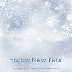 Christmas background with falling snowflakes on blue sky. Vector