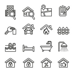 Real estate icons set with white background. Thin line style stock vector.