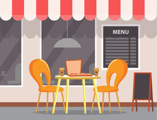 Table with pizza and coffee plastic cups. Pizzeria cafe, exterior of bistro shop with canopy on roof. Seats for people, eating meal outside. Vector illustration in flat cartoon style