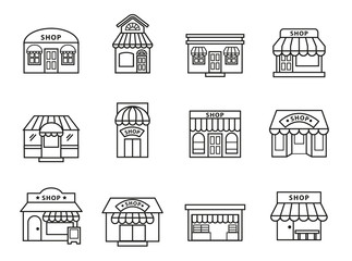 shops and stores building  icon set with white background. Thin Line Style stock vector.