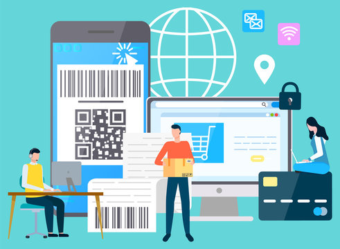 Smartphones and computer with payment security, shopping and delivering. Online system of paying money, characters with laptops. Vector illustration in flat cartoon style