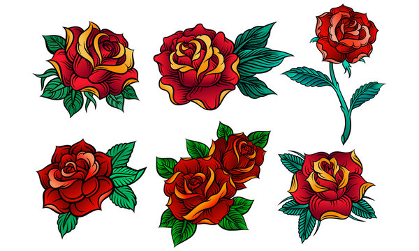 Beautiful Red Roses In Tattoo Style Vector Illustrations Set