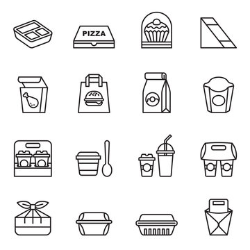 Fast food. Take away. Package icons for delivery. Thin line style stock vector.