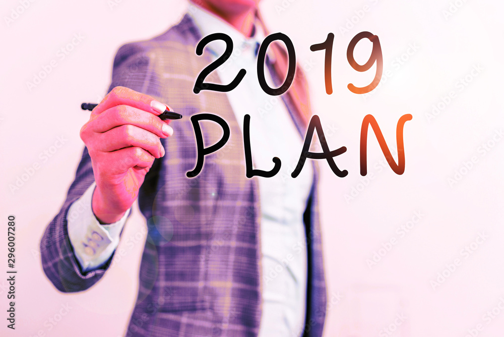 Aufkleber writing note showing 2019 plan. business concept for setting up your goals and plans for the current