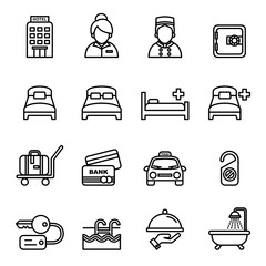 Hotel and travel icons set with white background. Thin line style stock.