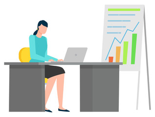 Female character analyzing information on laptop, isolated personage. Business worker statistics and analysis of data and projects. Vector illustration in flat cartoon style