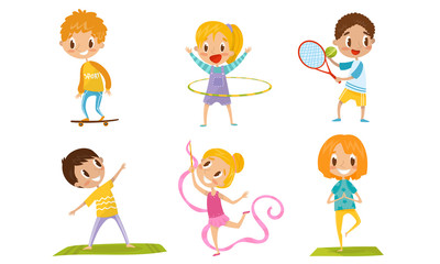 Naklejka premium Children In Different Physical Activities Concept Vector Illustration Set