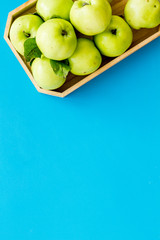 Healthy diet concept. Fresh apples in tray on blue background top view space for text
