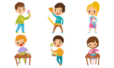 Children Eating Healthy And Junk Food, Different Concepts Vector Illustration Set