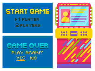 Vintage arcades, colorful retro pixel game machines. Pixelated text game over or start on screen, choose number of players, play again option. Vector illustration in flat cartoon style © robu_s
