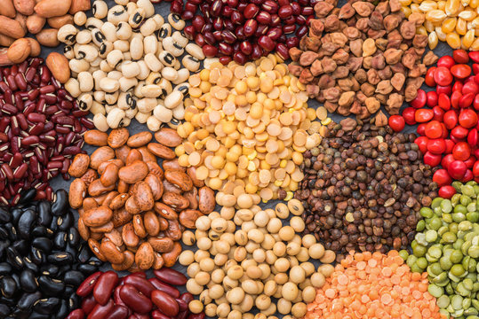 Multicolor dried legumes for background, Different dry bean for eating healthy