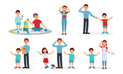 Parenting Lifestyle Vector Illustrations. Frustrated Parents Playing With Their Kid