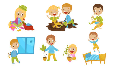 Little Naughty Kid Characters Doing Tricks Vector Illustrations