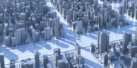 Obraz premium City Urban, 3D panorama on blue sky. Architectural render illustration. Apartment rental - advertising promotion banner. Office business center environment. High-rise skyscrapers - rental estate city