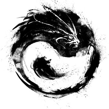 Yin Yang with dragon is drawn in ink with black blotches and splashes . 2D illustration .