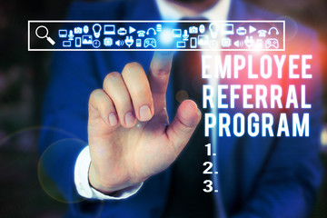 Word writing text Employee Referral Program. Business photo showcasing employees are rewarded for introducing recruits Male human wear formal work suit presenting presentation using smart device