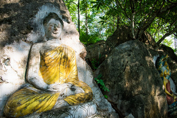 PHAYAO, THAILAND - October 8, 2019: Stone carving art of Buddha in Phrathat Chom Sin temple