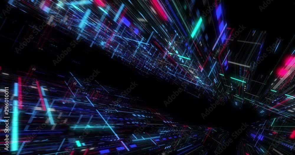 Poster seamless fly through of abstract circuitry with digital grid background, data deep learning computer