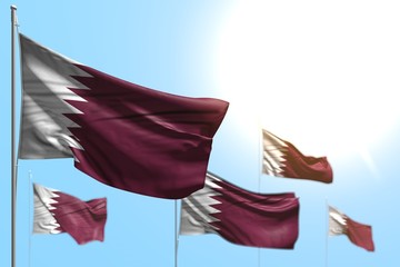 nice holiday flag 3d illustration. - 5 flags of Qatar are waving against blue sky picture with bokeh