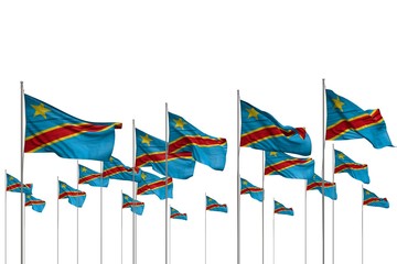 cute feast flag 3d illustration. - many Democratic Republic of Congo flags in a row isolated on white with free place for content
