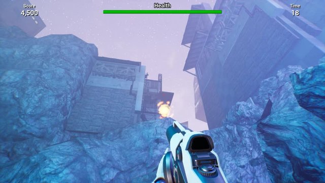 3D simulation of first-person shooter video game. Walkthrough with gun and jumping on wooden platform floating on water. Score, health and time indicators are in top of computer screen