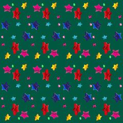 Volumetric multicolored stars on green background. New Year seamless vector pattern. For wrapping paper, postcard, poster, website design for New Year and Christmas.