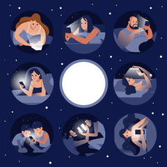 A collection of cute people talking on the phone chatting on social networks. Online communication via the Internet. an use for landing page, template, web, mobile app, poster, banner, flyer