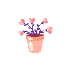Cute cartoon vector illustration of hearts, growing in flowerpot. Flowers in heart shape, home plant concept - growing love. Icon for valentine day, wedding, love celebration.