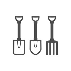 Shovels and pitchfork black vector icon, garden tool, equipment and accessory. Isolated single illustration.