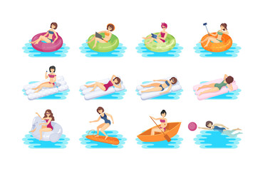Young woman swiming in the pool set. Lady swiming inflatable ring air mattress boat, reading a book, taking a selfie, listening to music, learning to surf. Summer beach vacation vector illustration