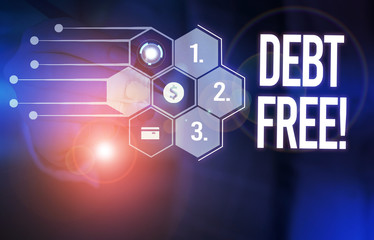 Handwriting text Debt Free. Conceptual photo does not owning any money or things to any individual or companies Male human wear formal work suit presenting presentation using smart device