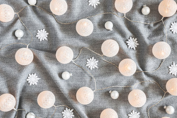 Christmas composition. Plaid, garland, christmas decorations. Christmas, winter concept. Flat lay, top view