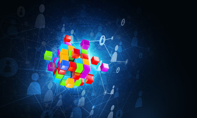 Concept of Internet and networking with digital cube figure on dark background