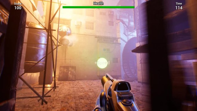 3D imitation of first-person shooter video game. Walkthrough in abandoned area and striking with gun. Level Complete banner, final score indicator and Quit and Restart buttons appearing on screen