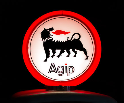 Agip ( Eni S.p.A. company) logo illuminated sign on the petrol pump in Baku, Azerbaijan 12 april 2017