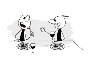 Doodle stick figure: Men eating, drinking wine, talking. Vector