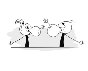 Doodle stick figure: Man and woman blowing big bubble gum. Vector