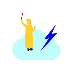 Thunderstorm and cloud line icon isolated on white. Flat cartoon character isolated on white background