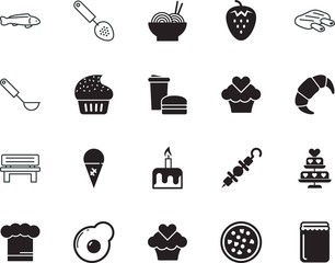 food vector icon set such as: omelette, jar, glassware, protein, sausage, beef, style, yolk, turkish, utensils, organic, crescent, label, swimming, ribs, strawberry, wedding, job, steak, burger