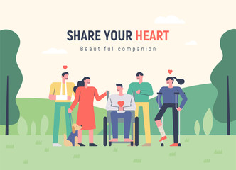 People who share love and warm hearts with their neighbors. Public Service Poster. flat design style minimal vector illustration.