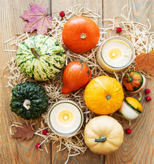 Pumpkins on a wooden table