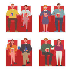 Couples sitting in the red chairs in a theater watching a movie. flat design style minimal vector illustration.