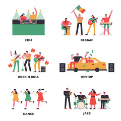 Musicians of various music genres. flat design style minimal vector illustration.