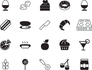 food vector icon set such as: linear, cupcake, wedding, culinary, childhood, lolly, seashell, journey, crescent, apple, corn, vacation, muffin, nobody, whole, ecology, spoon, donut, glassware, travel