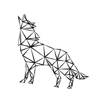 Creative geometric figure of a howling wolf from a black ragged outline on a white background. Minimalism in the style of trigonometry. Industrial loft.
