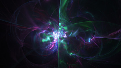 Abstract transparent violet and green crystal shapes. Fantasy light background. Digital fractal art. 3d rendering.