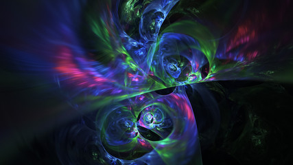 Abstract transparent blue and green crystal shapes. Fantasy light background. Digital fractal art. 3d rendering.