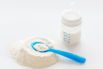 Baby food. Powder in spoon near baby bottle on white background copy space